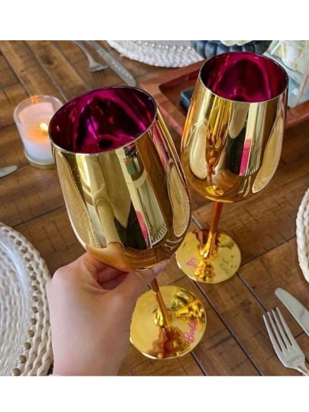 Barbie Gold Wine Glasses with Pink Interior - Set of 2